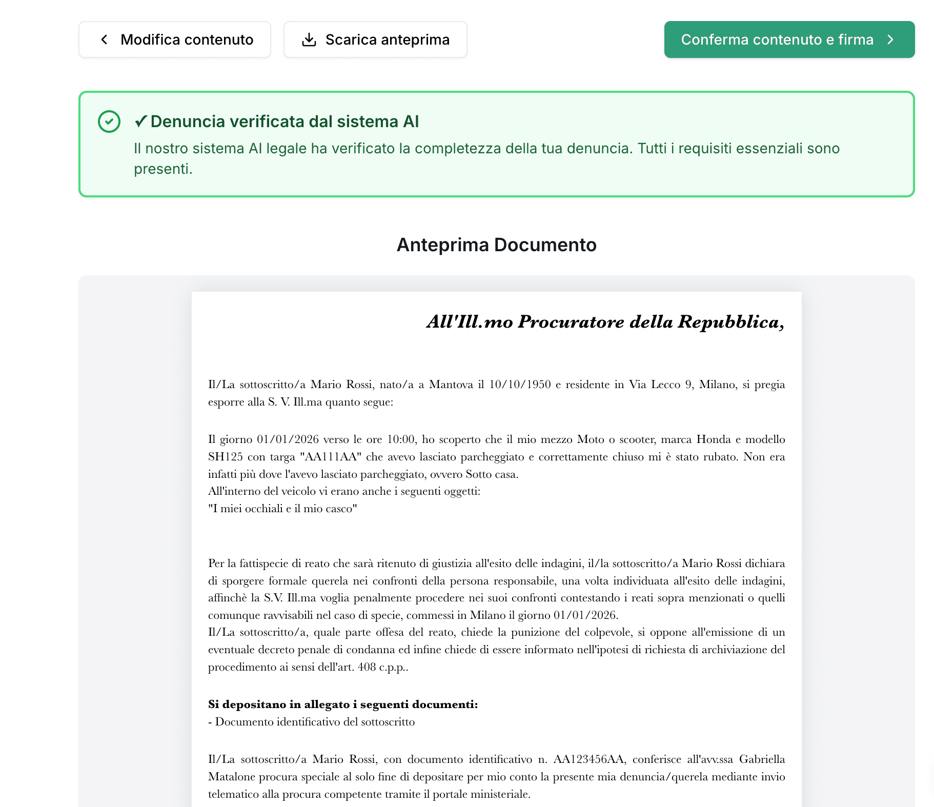 Demo della chat di compilazione denuncia - inserimento dettagli
